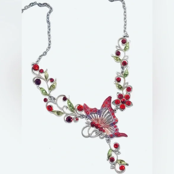 Vintage Silver Tone Red & Pink Butterfly 🦋 Necklace W/Rhinestone Accents 19” - Picture 5 of 5